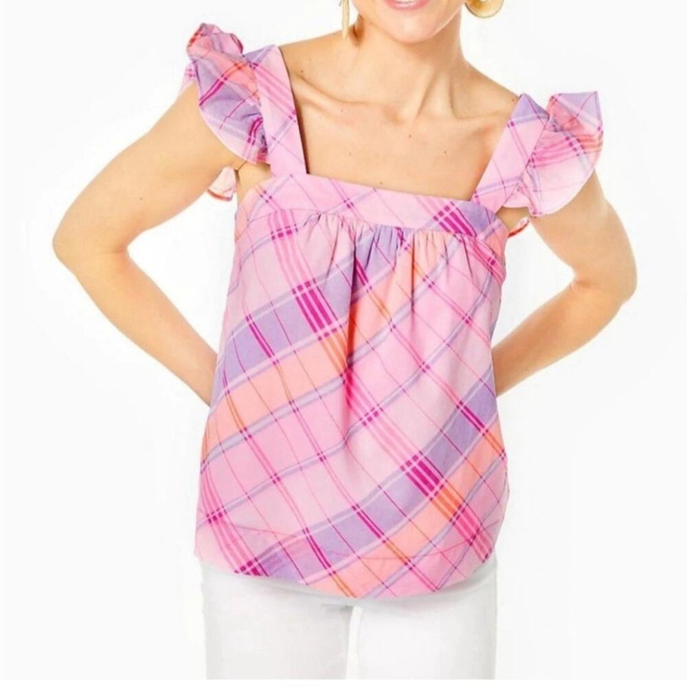 Lilly Pulitzer NWT Preppy Reyna Pink Isle Madras Plaid Top Size XS